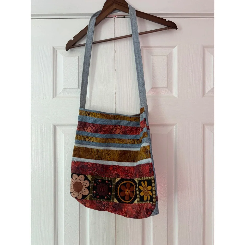 Handmade Upcycled Levi's Denim Patchwork Crossbody Bag Batik Floral Boho Tote